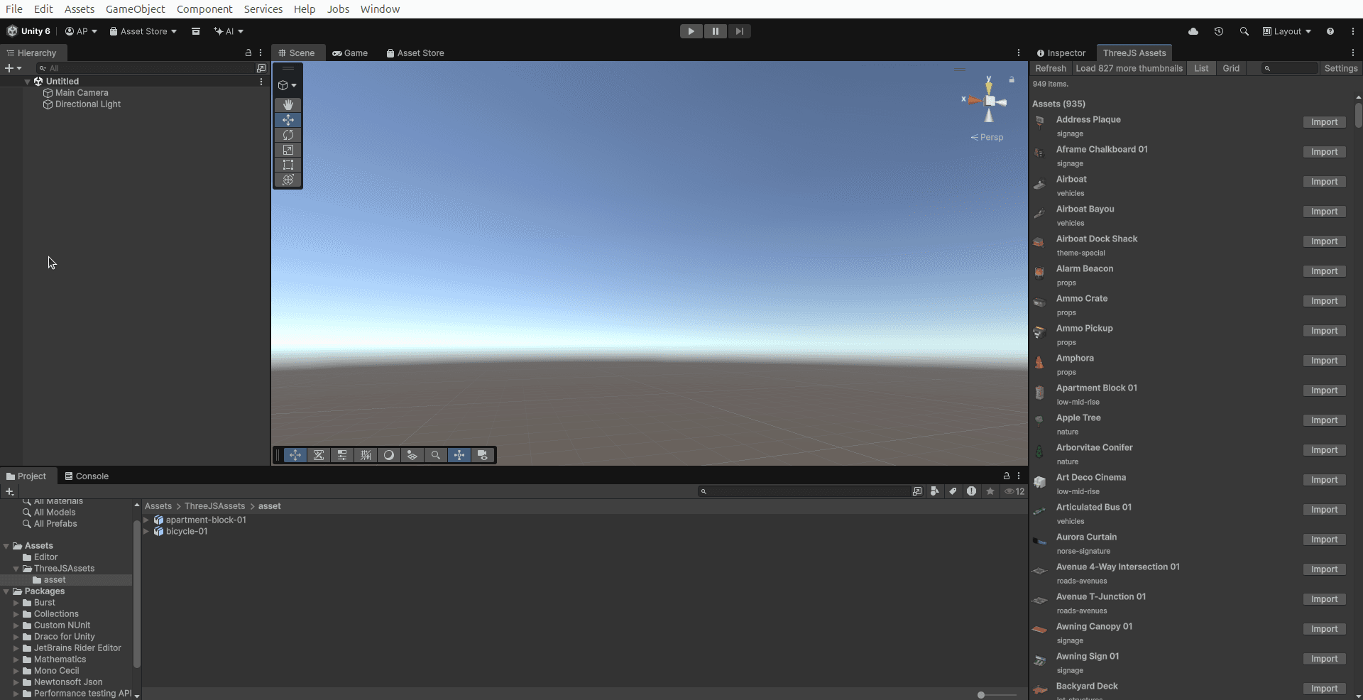 The Unity editor with the ThreeJS Assets window docked on the right, listing 949 purchased models with thumbnails and Import buttons, and imported prefabs visible in the Project window below.