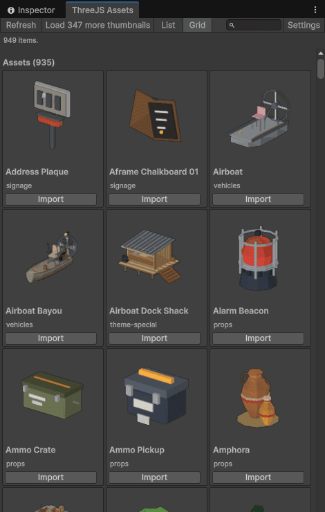 The same panel in grid view: three columns of large thumbnail cards, each with the model name, its category and an Import button.