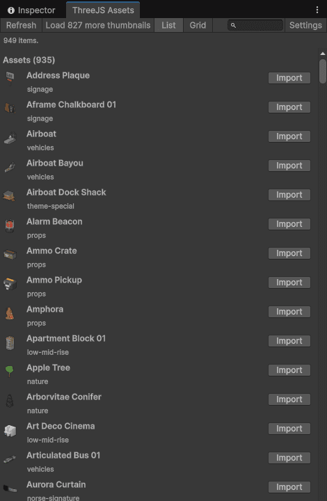 The ThreeJS Assets panel in list view: rows of purchased 3D models with small thumbnails, names, categories and an Import button on each row, above a count of 949 items.