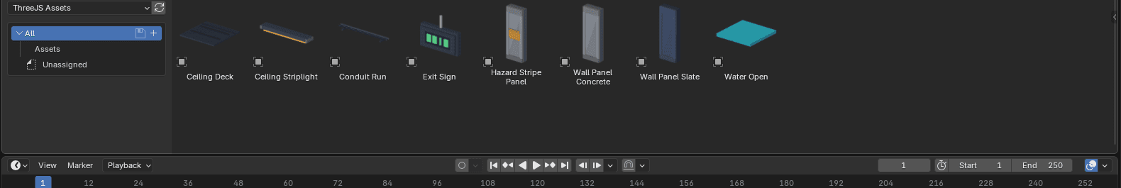 Blender's Asset Browser docked along the bottom of the window, showing purchased ThreeJS Assets models with preview thumbnails, ready to drag into the scene.