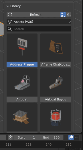 The ThreeJS Assets sidebar panel in Blender showing a grid of purchased 3D models as thumbnail cards, with a search box and a filter dropdown above them.