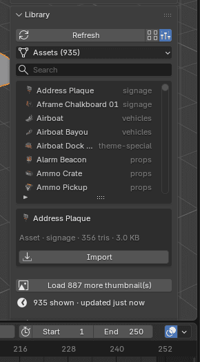 The same Blender panel in list view: rows of purchased assets with small thumbnails, names and categories, in a scrollable list.