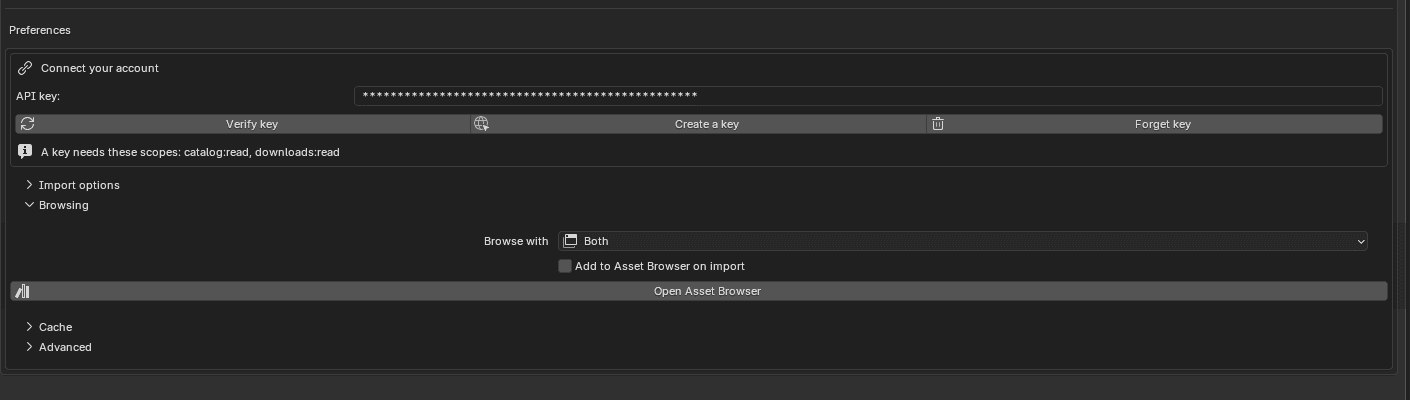 Blender preferences showing the ThreeJS Assets add-on: an API key field, Verify key, Create a key and Forget key buttons, and a note listing the scopes a key needs.