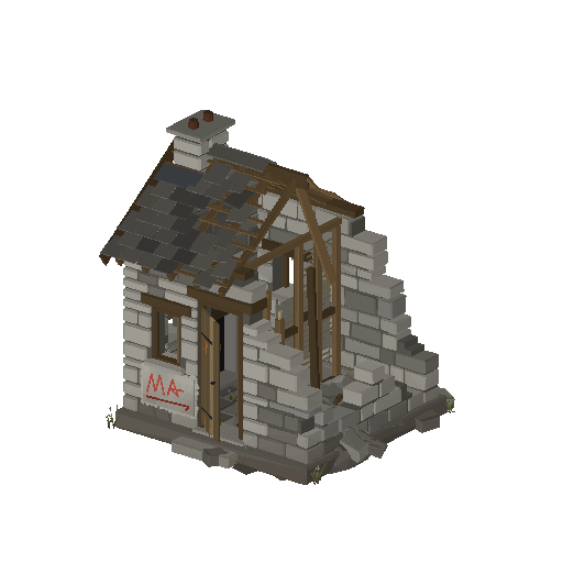 Low-poly Dwellings 3D model: Half Collapsed Cottage