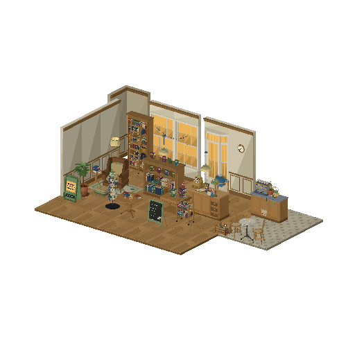 Interactive demo world built from the Bookshop Interior low-poly 3D asset pack